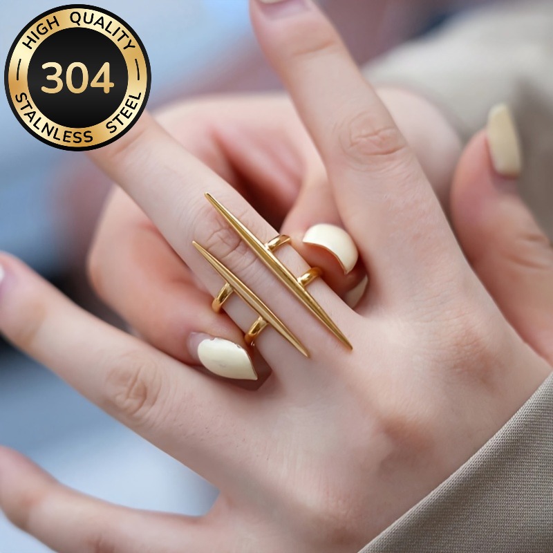 TEMU Unique Personality 304 Stainless Steel Double Spike Statement Ring For Women Men Daily Casual Party Hip Hop Punk Fashion Open Adjustable Ring