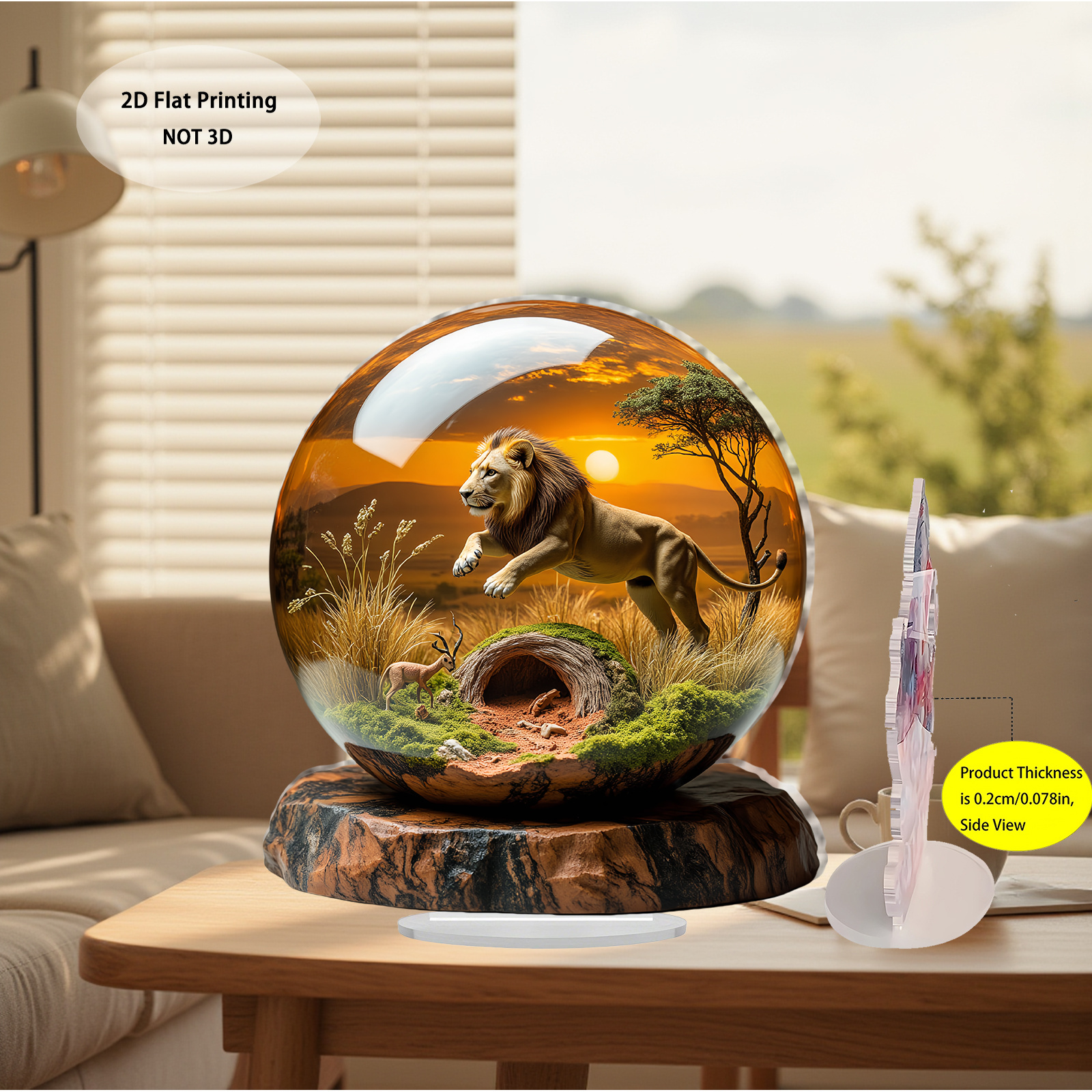 TEMU 2d Flat, Lion Acrylic Sphere - Wall-mountable Suitable For & Cubs, Vibrant 2d Flat Lion Figurine With Realistic Sunset Scene, Desktop/tabletop