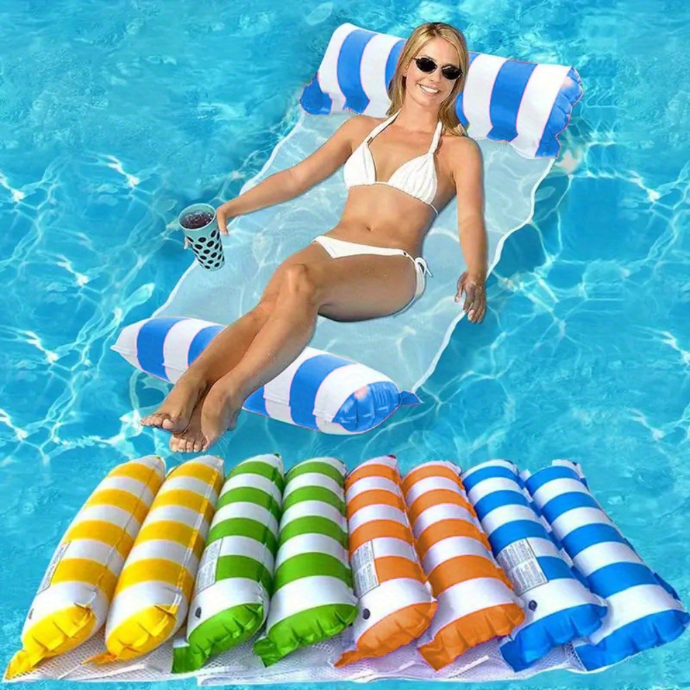 inflatable pool float bed lounge two in 1 swim float     mesh layer heavy duty for adults holds 1 3 people pool lake beach parties no electricity needed navy red colors   floats for pool poolside lounging striped pattern float comfortable mesh top