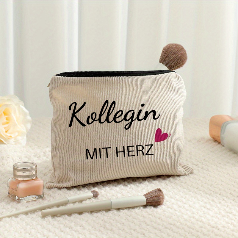 TEMU 1pc Kollegin Mit Herz Colleague With Heart Patterned Corduroy Zipper Makeup Bag, Lightweight And Multifunctional Makeup Storage Bag Colleague