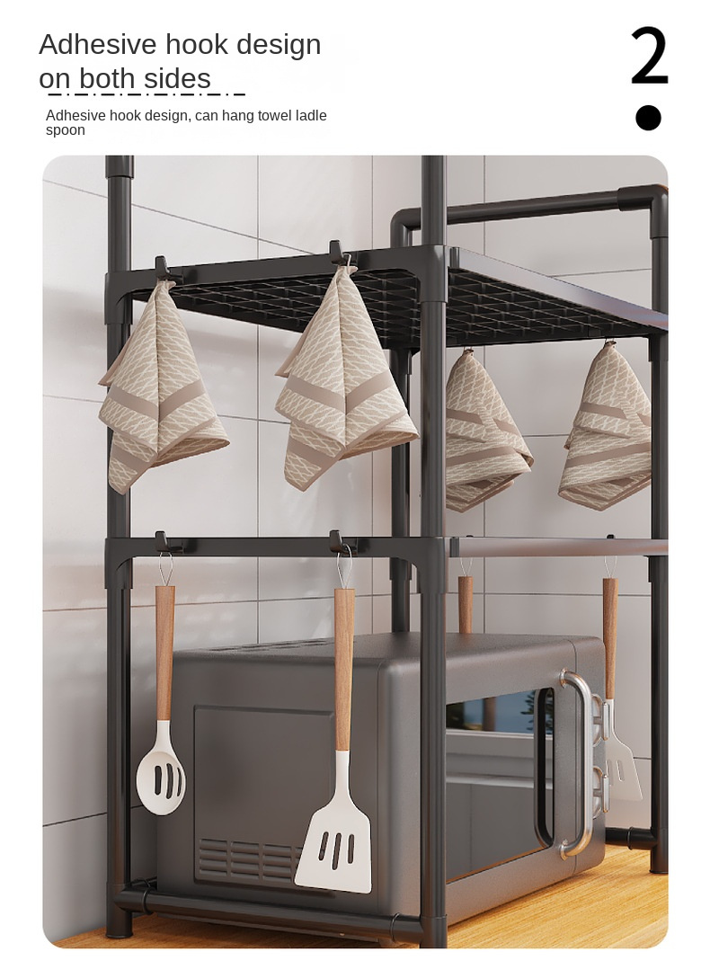 1  functional expandable microwave stand heavy duty 3 tier adjustable   with 8 hooks space saving kitchen organizer for   room types no electricity needed tiered shelf storage solution black details 5