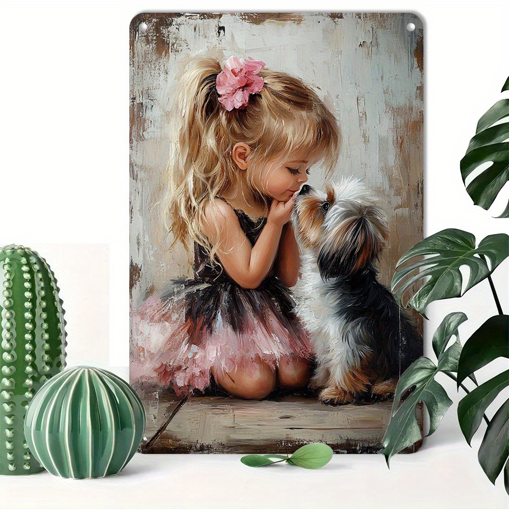 TEMU 2d Flat, 8*12 Inch Metal Wall Art - Girl And Dog, Theme, Durable Tinplate Decor For Home, Office, Or Bar, Easy To Hang, Heat Resistant, Perfect