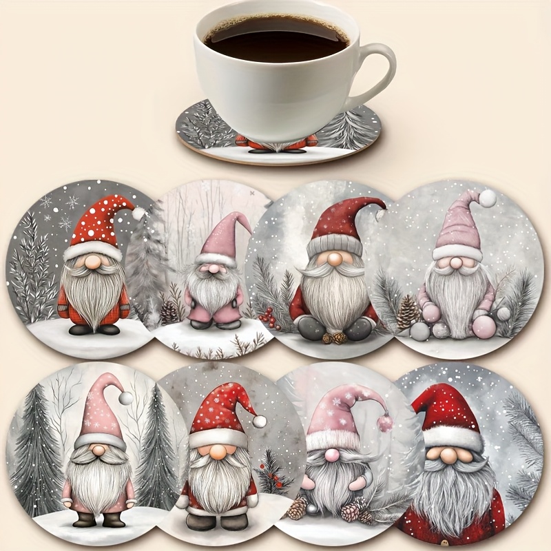 TEMU 8pcs Gnome Coaster Set, Non-slip And Heat-resistant Drink Mats, Light Snow Nordic Style Gnome Decoration, Suitable For Coffee And Tea Cups, And