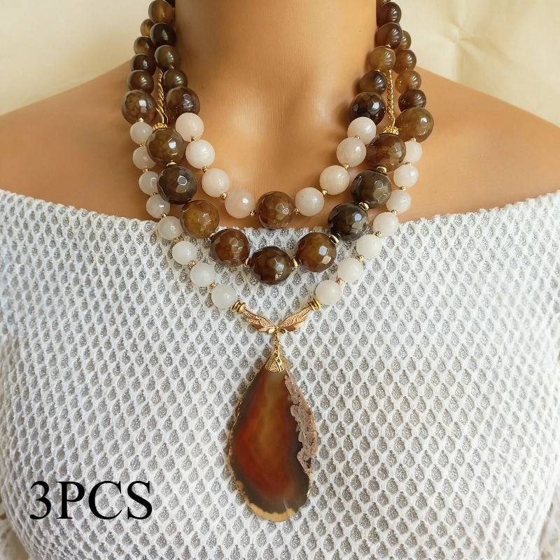 TEMU Elegant Layered Necklaces Made Of Natural Stone Beads, Featuring Irregular Pendants In White And Brown, Perfect For Women's Parties, Ceremonies, And As Gifts