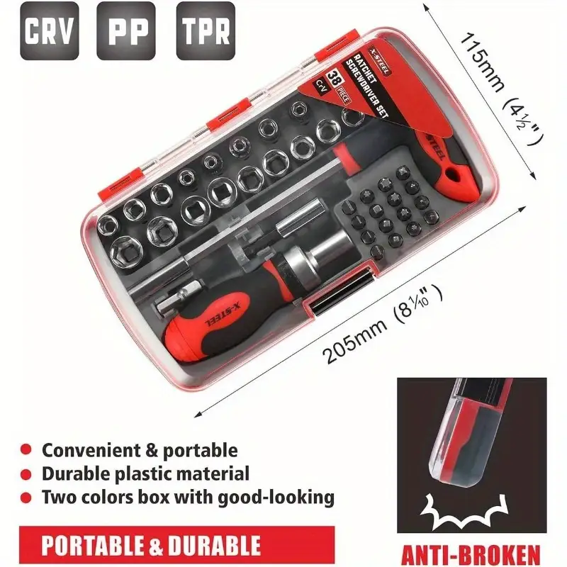 38pcs heavy-duty magnetic ratcheting screwdriver & socket set with t-handle ratchet, sockets & bits - mechanic s tool kit for home, car, motorcycle, bike repair - ergonomic grip, durable construction, portable case included (no power required) - ideal for diy & professional mechanics, bulk hand tool kit, industrial work, home , professional-grade, men car repair, bike mechanics Product details 2