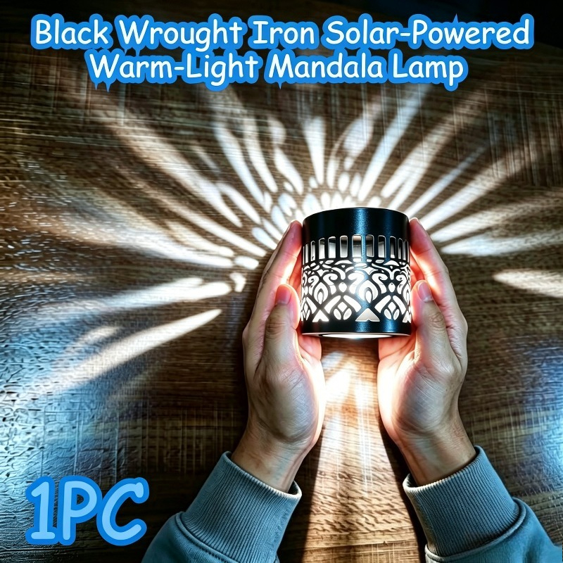 TEMU 1pc- Led Outdoor Solar Light With Iron Lantern Design, Mandala Projection Spotlight, Floodlight, Wall Light, Holiday Decoration Light, Hollow