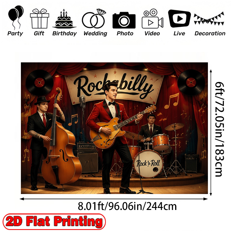 TEMU 2d Flat, 2d Flat - 2d Flat Banner 1pc Rockabilly Band Red Theme Design Suitable For Halloween And Christmas Parties, Photography Backdrop For