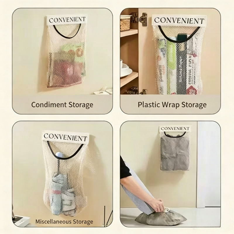 3pcs Set Kitchen Hanging Mesh Storage Bag with Adhesive Hooks