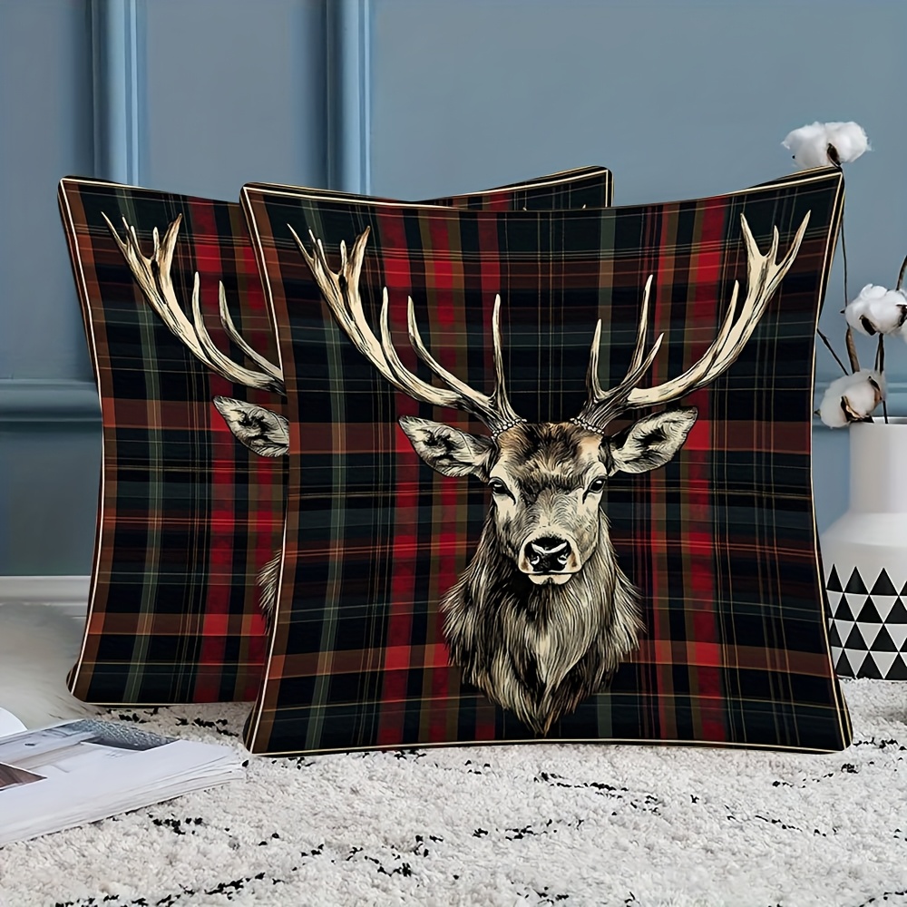 TEMU 2pcs Set Of Vintage-style Deer Head Print Cushion Covers, Soft Polyester Short Pile Fabric, Single-sided Print, 45x45cm, Zipper Closure, Machine