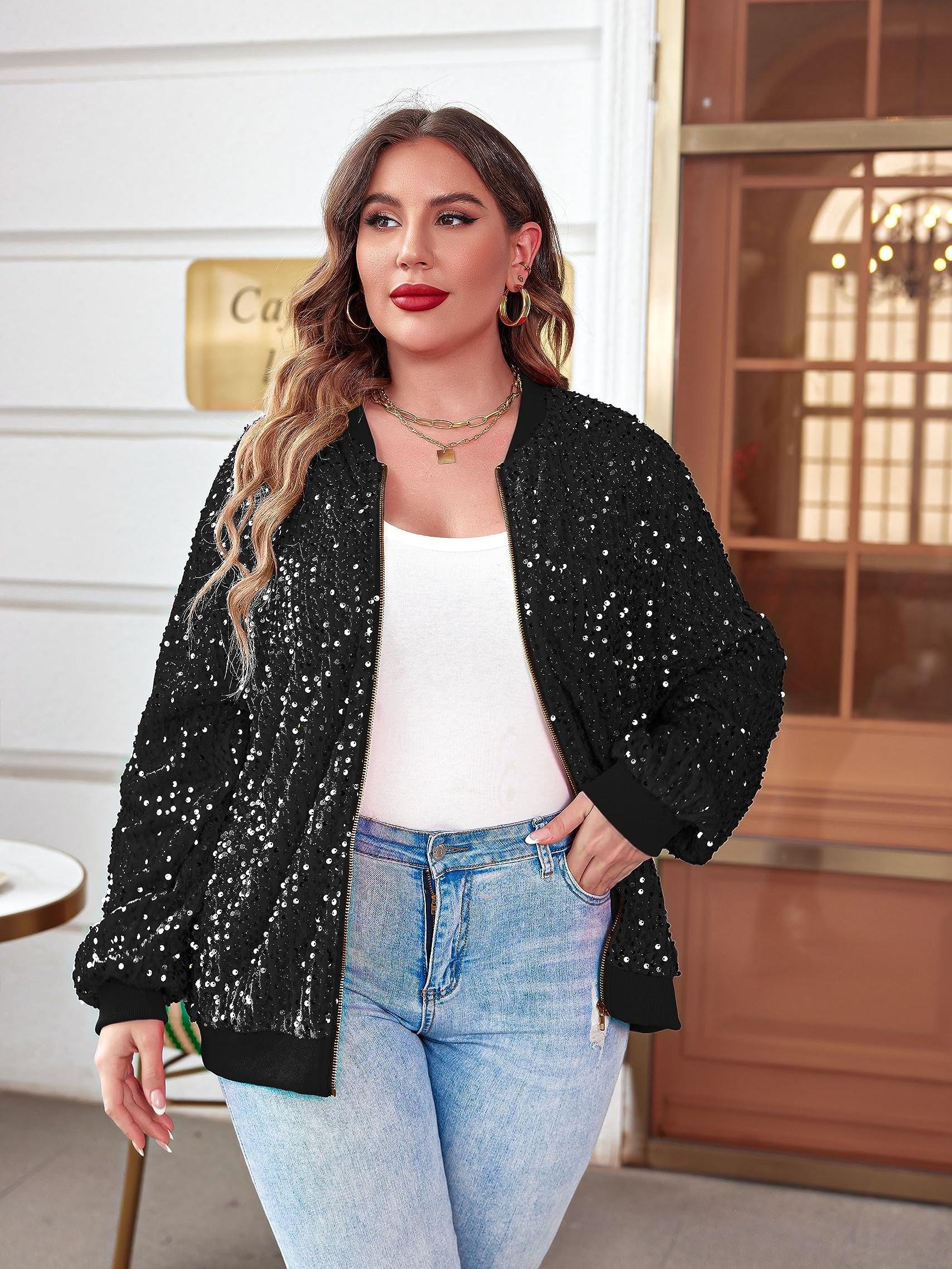 Womens Sequin Jacket Plus Size Sparkle Long Sleeve Jackets Front Zip  Loose Casual with Pockets