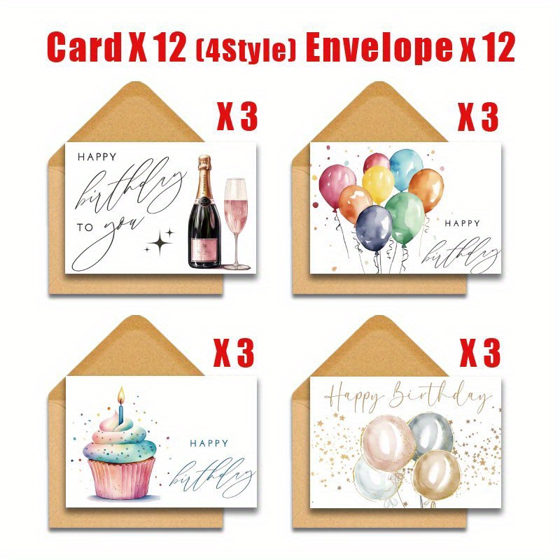 TEMU 24pcs Bulk Blanks Balloon & Birthday Cake Birthday Cards With Envelopes - & Solid Colors Bulk Greeting Card Set Suitable For Birthdays,