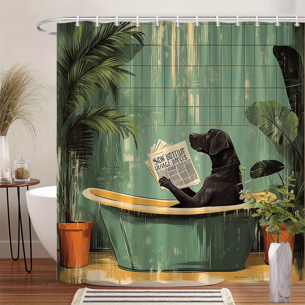 E-shop Vintage Schwarzer Labrador im Badewannen-Duschvorhang - Retro-Stil mit Tropischen Pflanzen, aus der Mitte des 20. Jahrhunderts, Polyesterstoff