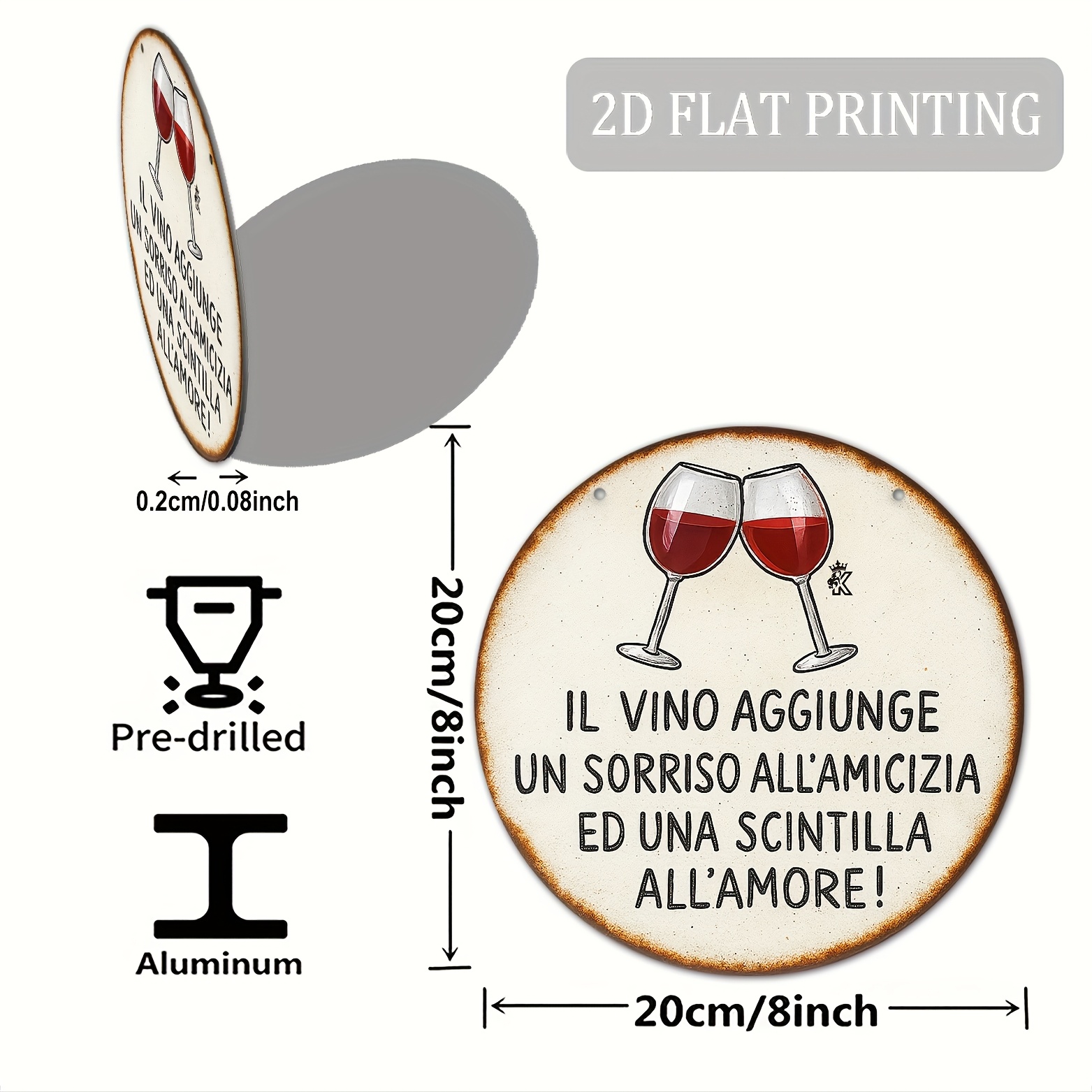 TEMU 2d Flat – A 2d Metal Sign Featuring A Quote About Italian Wine – A Vintage Country-style Round Wall Decoration With A Wine Glass, Reading 'wine