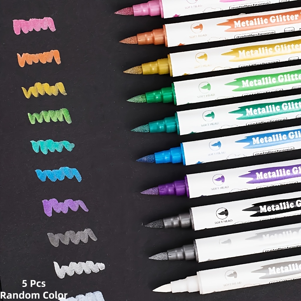 TEMU 5pcs Metallic Glitter Markers, Ten Colors With Shiny Dual Head Pens, Bright Colors, Cute Stationery Supplies - Fine Nib, Suitable For Photo
