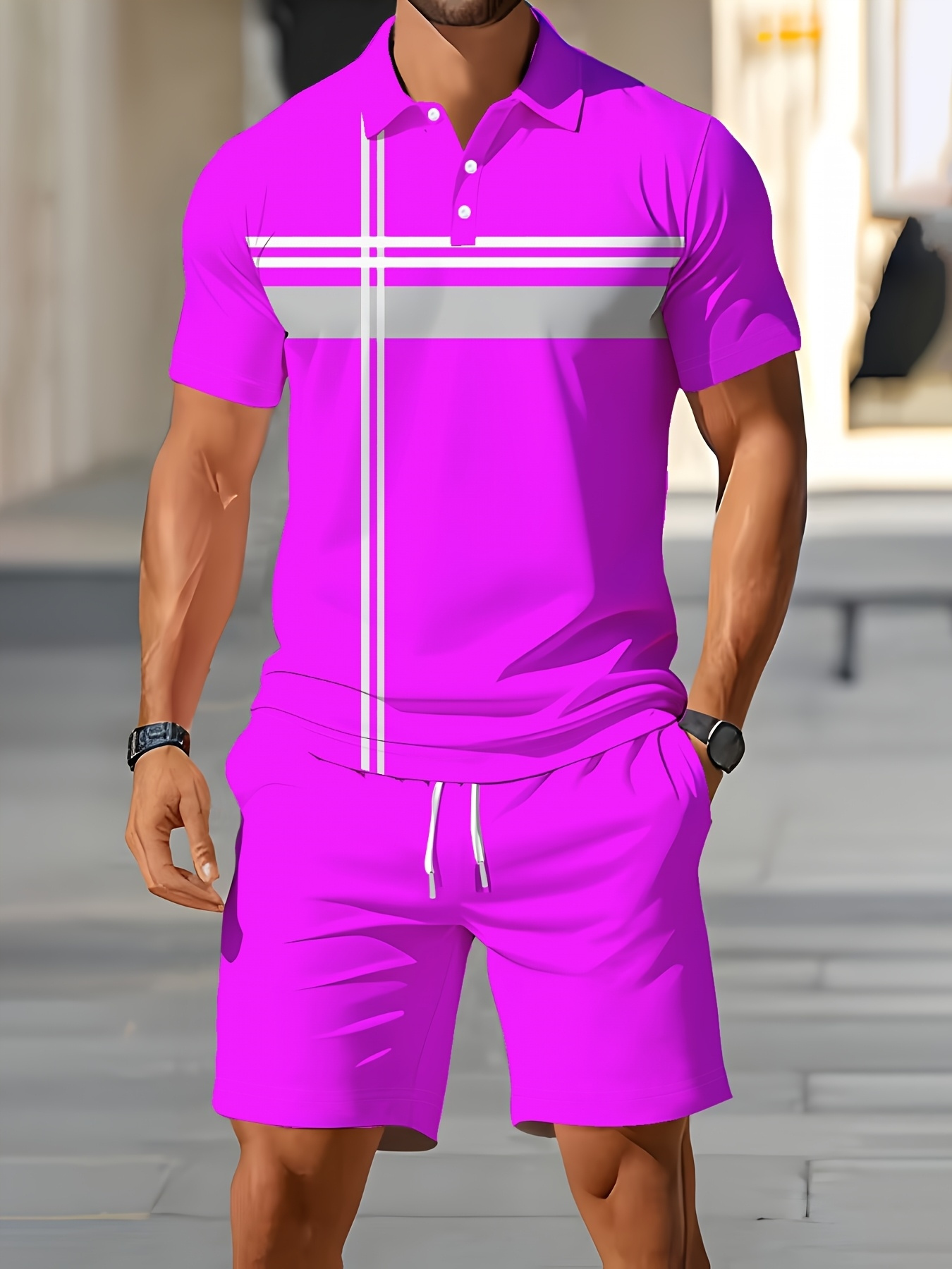 ensemble décontracté   pour homme - chemise et shorts 2 pièces pour tenue   en extérieur 0