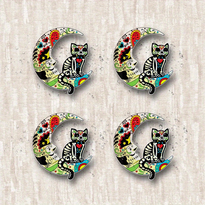 4pcs   Sugar Skull Cat Moon Stickers - Vibrant Colorful Vinyl Decals with  , Self-  Irregular Shapes for Bumpers, Windows, Laptops, Trucks,  , Water Bottles - Durable & Versatile, Cat Stickers, Laptop Decoration, Cartoon Style, Easy Application