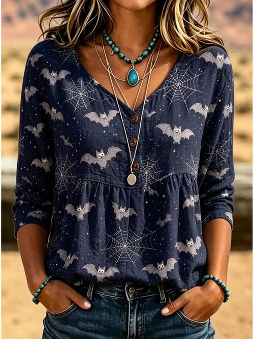 navy blue v neck babydoll top with bat spiderweb and starry loose flattering casual halloween 3 4 sleeve shirt