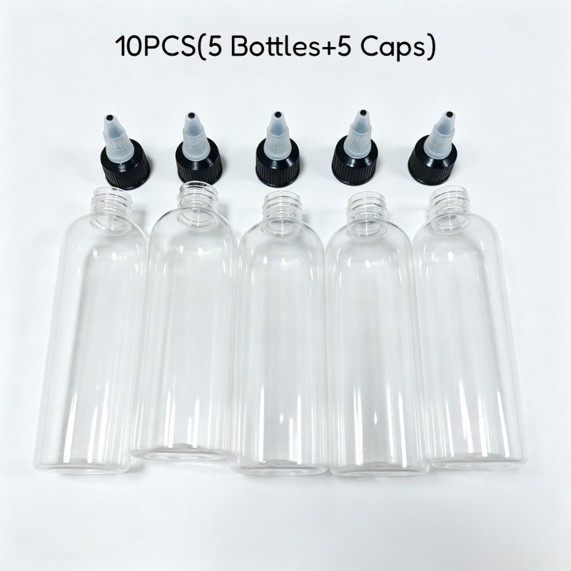 TEMU 10pcs (5 Bouteilles et 5 Bouchons) Bouteilles à Pression 4Oz en PET Transparent avec Embout Pointu, Contenants de Distribution, Bouteilles à