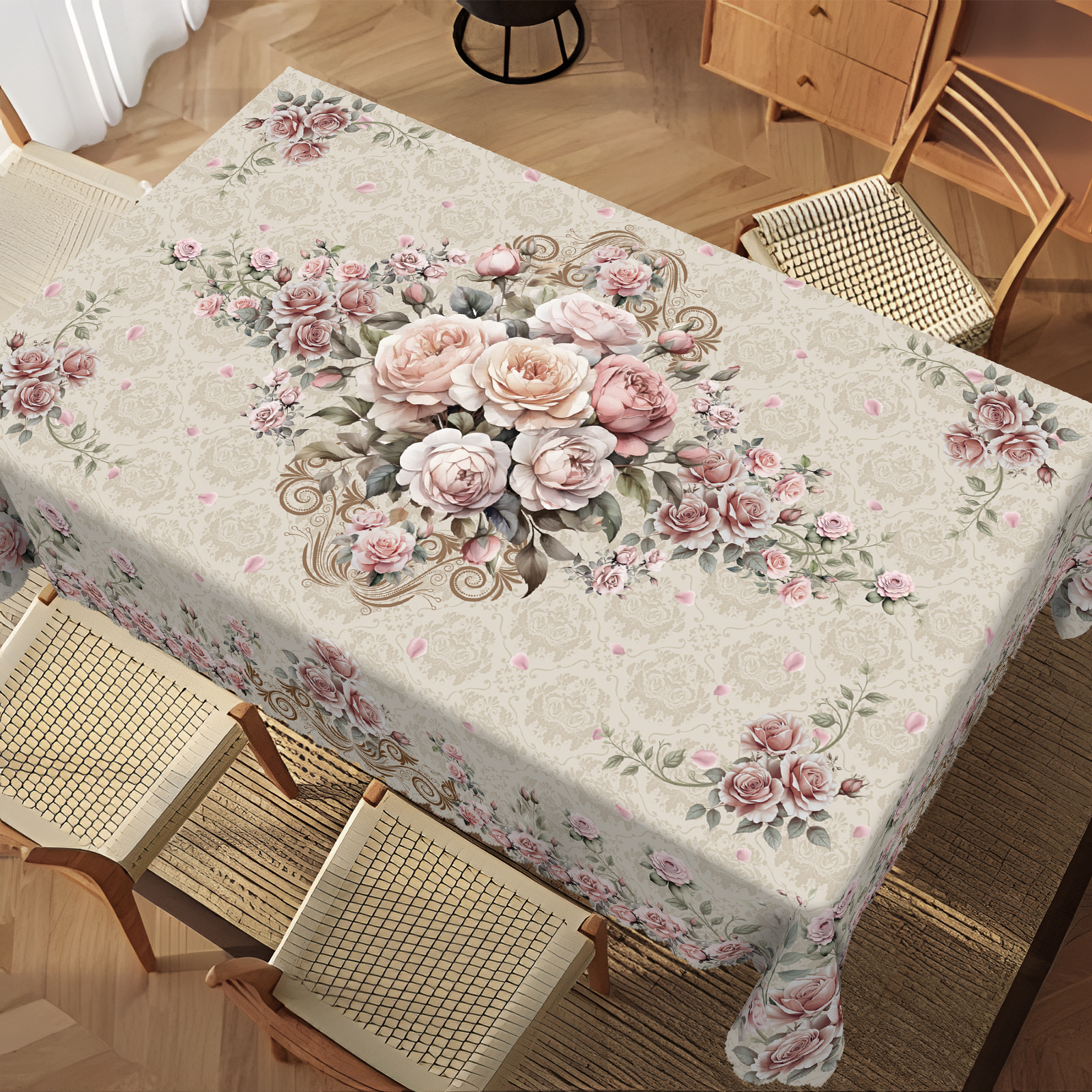 

1pc Elegant Floral Print Tablecloth - & Design, 100% Polyester, Rectangular - Ideal For Decorations, Indoor/outdoor Parties, Home & Easter Decor, Table Decorations