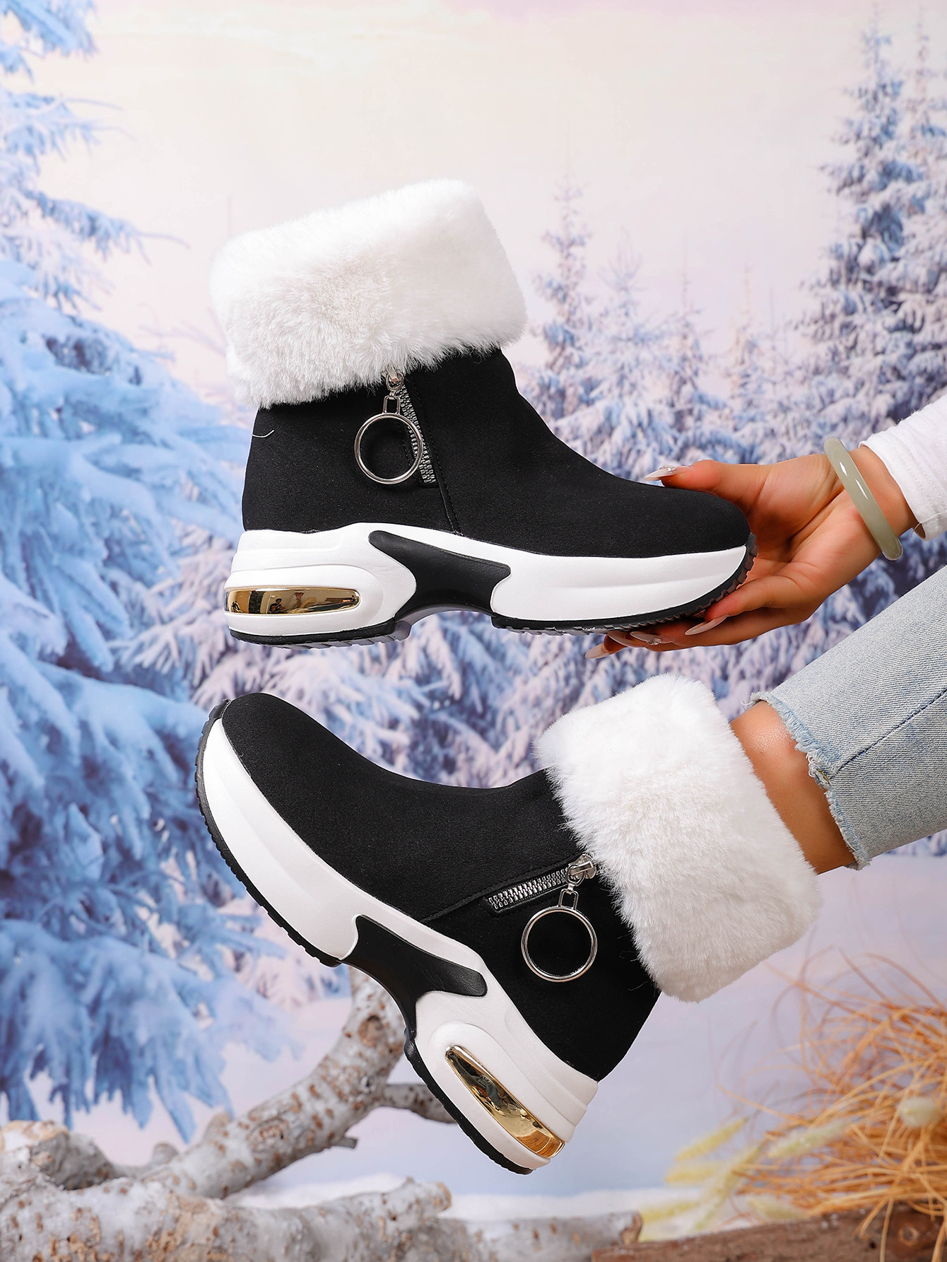 Winter Fleece-Lined Warm Wedge Snow Boots | Women 2025 New Large Size 43 Thick Sole Furry Snow Boots with Fabric Upper and Insole, EVA Sole