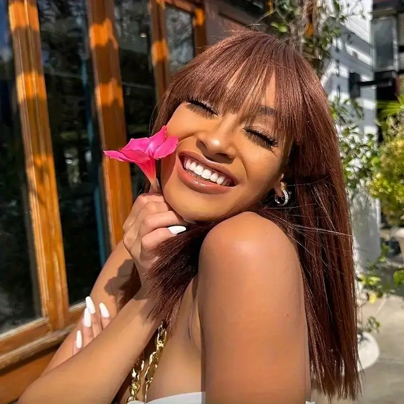 machine made rich chocolate brown straight human hair wig with bangs no lace no 100 human hair wig 200 density cap for women of all light beige tones easy to style natural look for everyday special occasions versatile hairpiece elegant hairpiece cap Product details 2