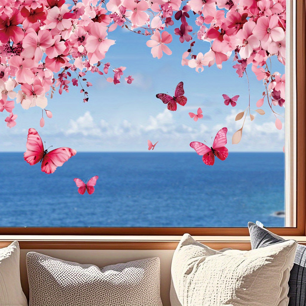 E-shop Rosa Blumen- und Schmetterlings-Fensterbilder - Statische Fensterschmuckfolien, rückstandsfrei abziehbar, einfache Anwendung für Zuhause,
