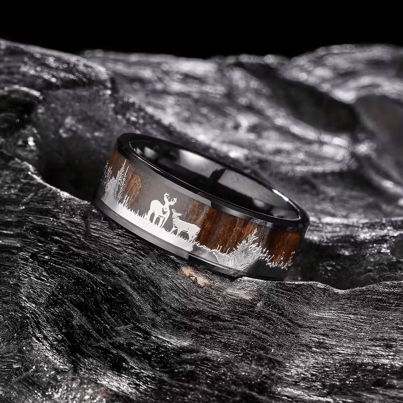 A Stylish 8Mm Tungsten Ring for Men, Featuring a Deer Design, Ideal As a Promise Ring for Wildlife Lovers. This Deer Silhouette Ring Makes a Great Gift for Christmas, Valentine'S Day, Boyfriends, Or Husbands