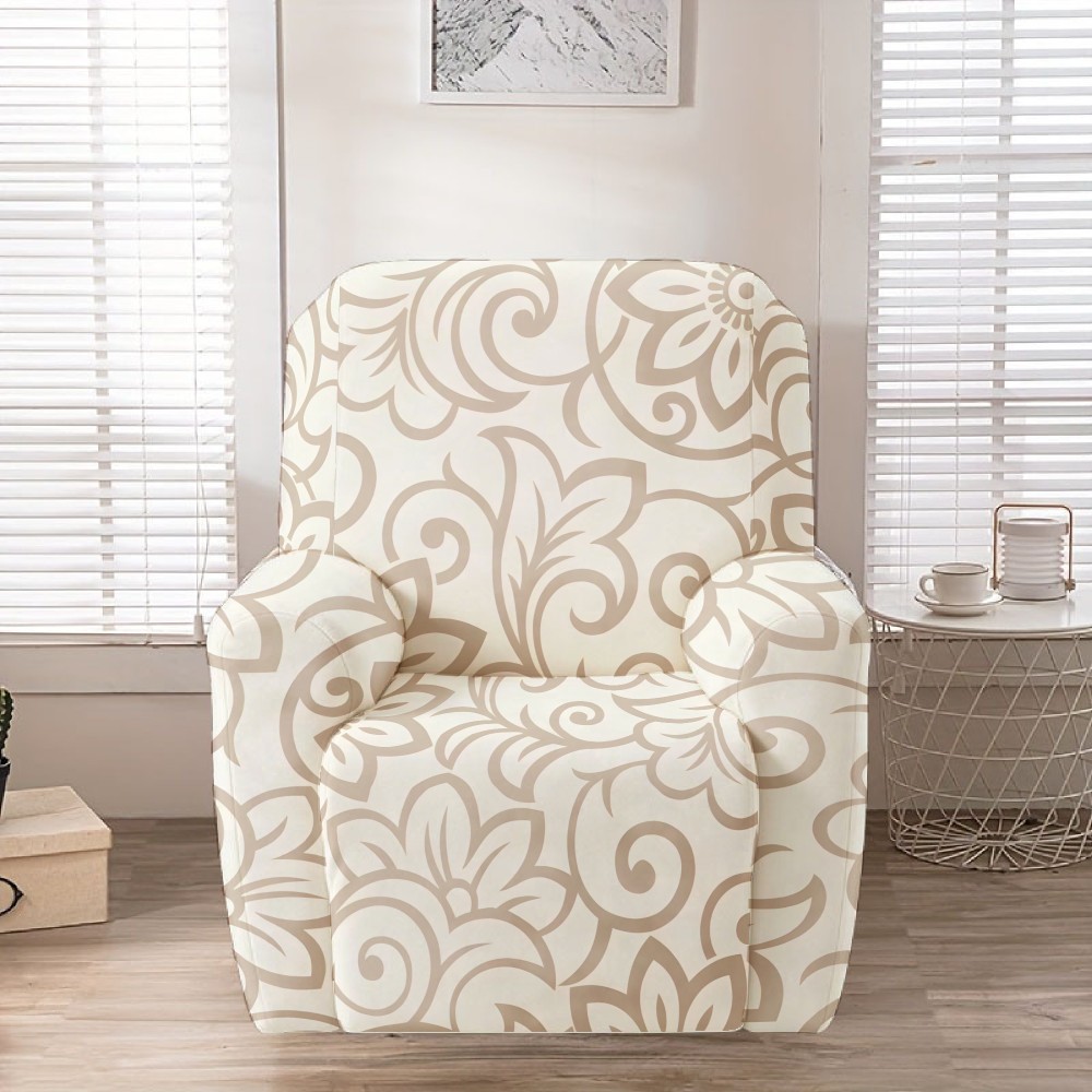 TEMU 1pc Stretch Full Wrap Recliner Chair Slipcover, Cream Beige Vintage Scroll Floral Print Elastic Armchair Protector, Removable Washable Anti-slip