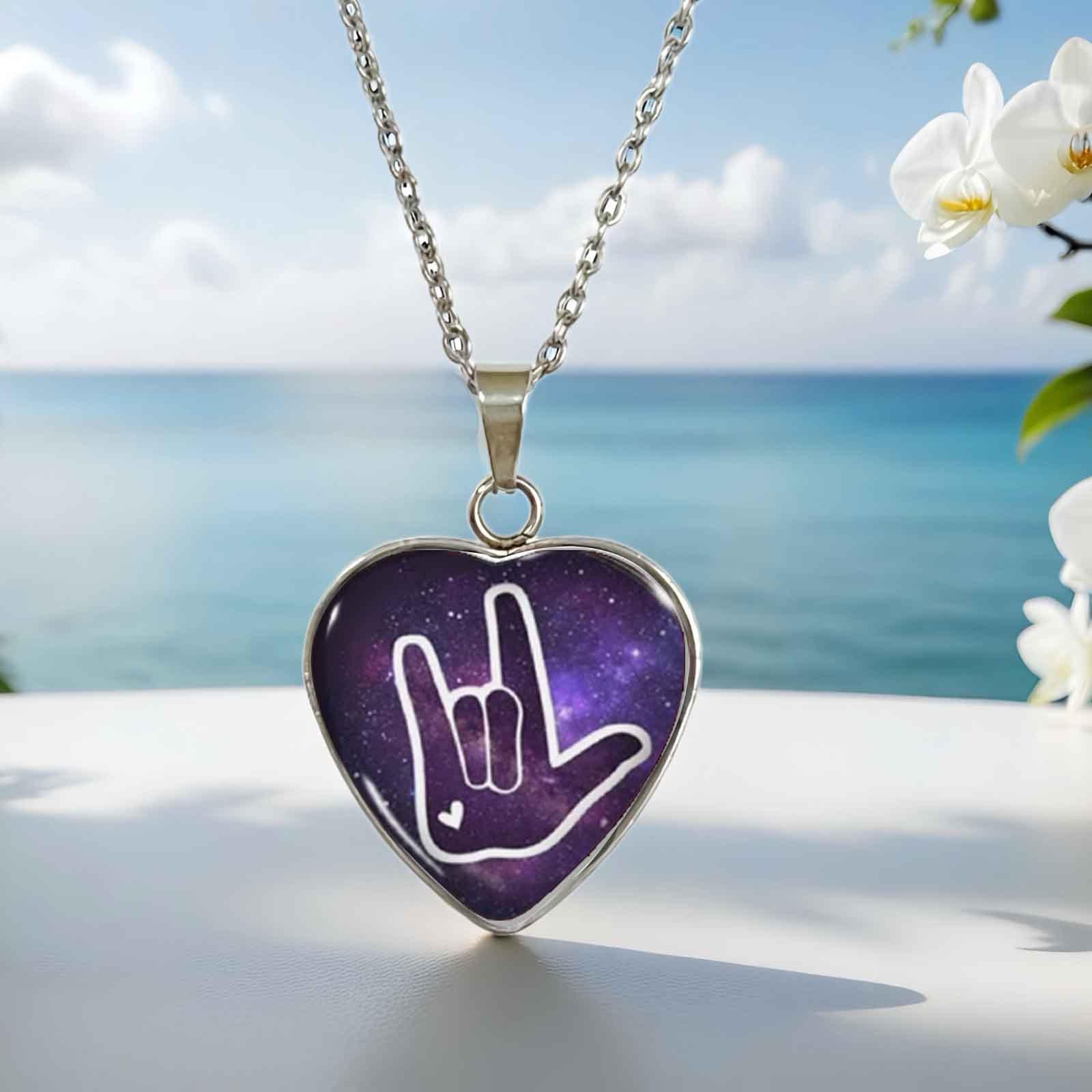TEMU 1pc Sign Language "i Love You" Hand Gesture Heart-shaped Pendant Necklace, Purple Design Chain Jewelry, Fashionable Romantic Gift