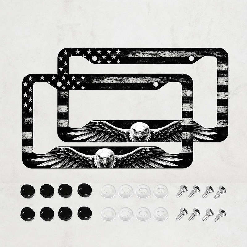 TEMU 2-pack Aluminum License Plate Frames With Black Eagle Wing Print, Patriotic Car Truck Suv Tag Holder With Screws And Caps