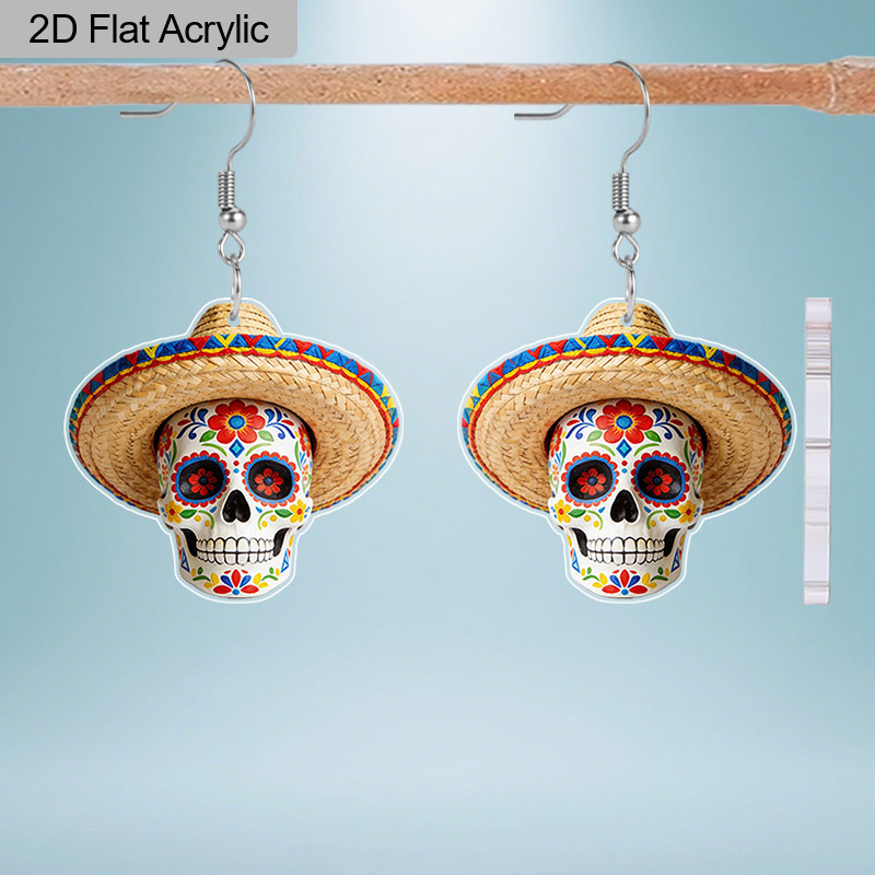 TEMU 2d Flat - Acrylic Earrings Featuring A 2d Flat Design Of De Mayo Sugar Skull, Perfect For Celebrations, For Mexican-themed Parties, Halloween