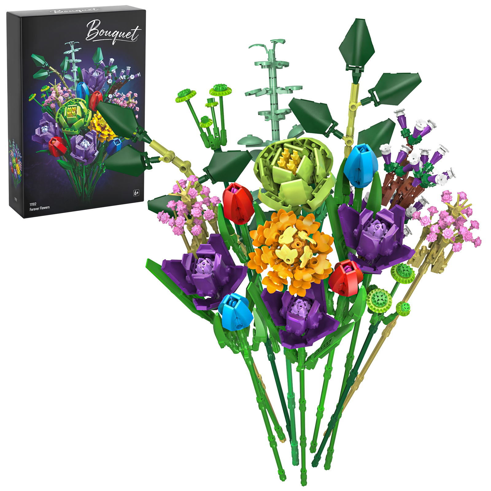 E-shop 843 bunte Baustein-Bausatz für Blumenstrauß, ABS-Material, -Ornament, Blumenmodell, einfach zu montieren zu bedienen, bevorzugtes Geschenk für