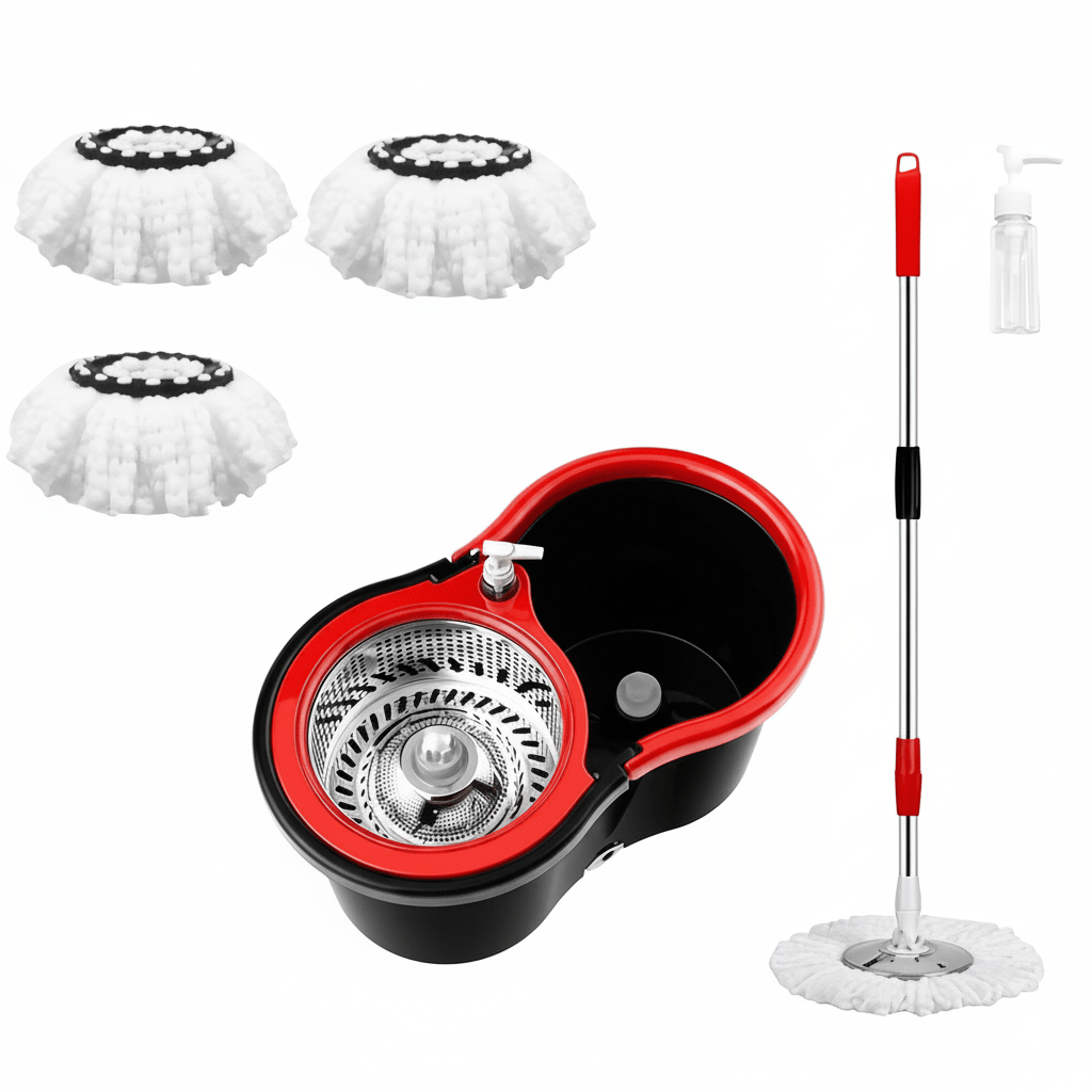 E-shop Wischmopp Eimer mit Auswringer Set, Hände-freier Flachmopp Eimer mit 3 waschbaren Mikrofasertüchern, für Nass- Trockenreinigung,