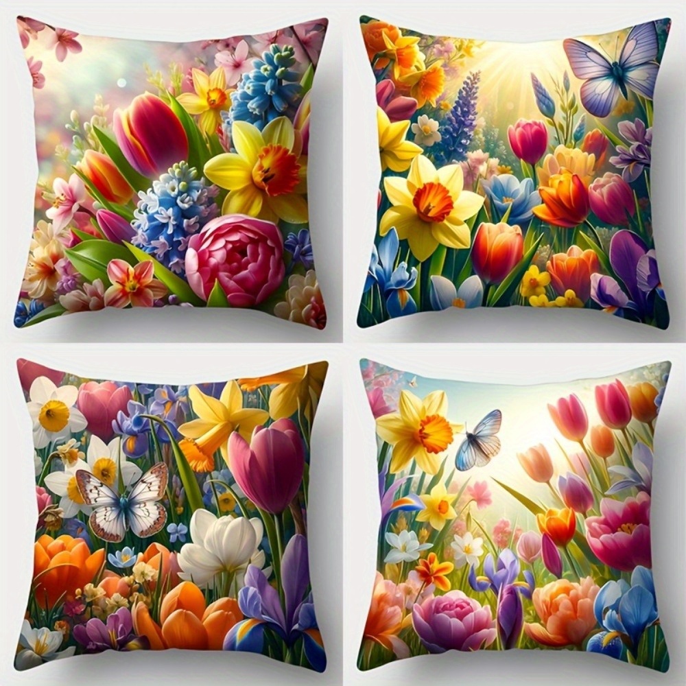 TEMU 2d 4pcs 2d Flat Printing Spring Flower Border Pillowcases, In Multiple Sizes. Features Designs Including Tulip Clusters, Flower Borders, Dancing