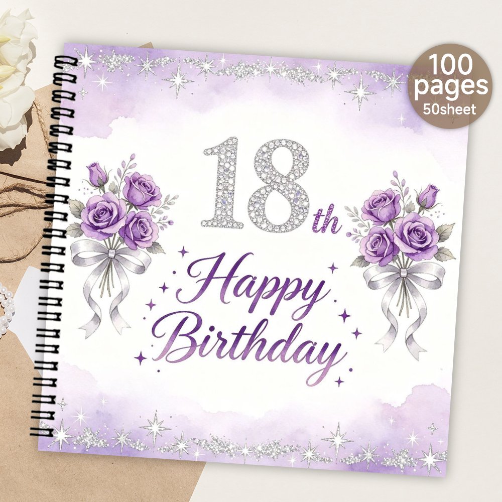 TEMU 1pc Spiral Guestbook, 18th Birthday Purple Rose Themed Blank Page Guest Book Message & Signature Book Meaningful Souvenir Album For Birthday &