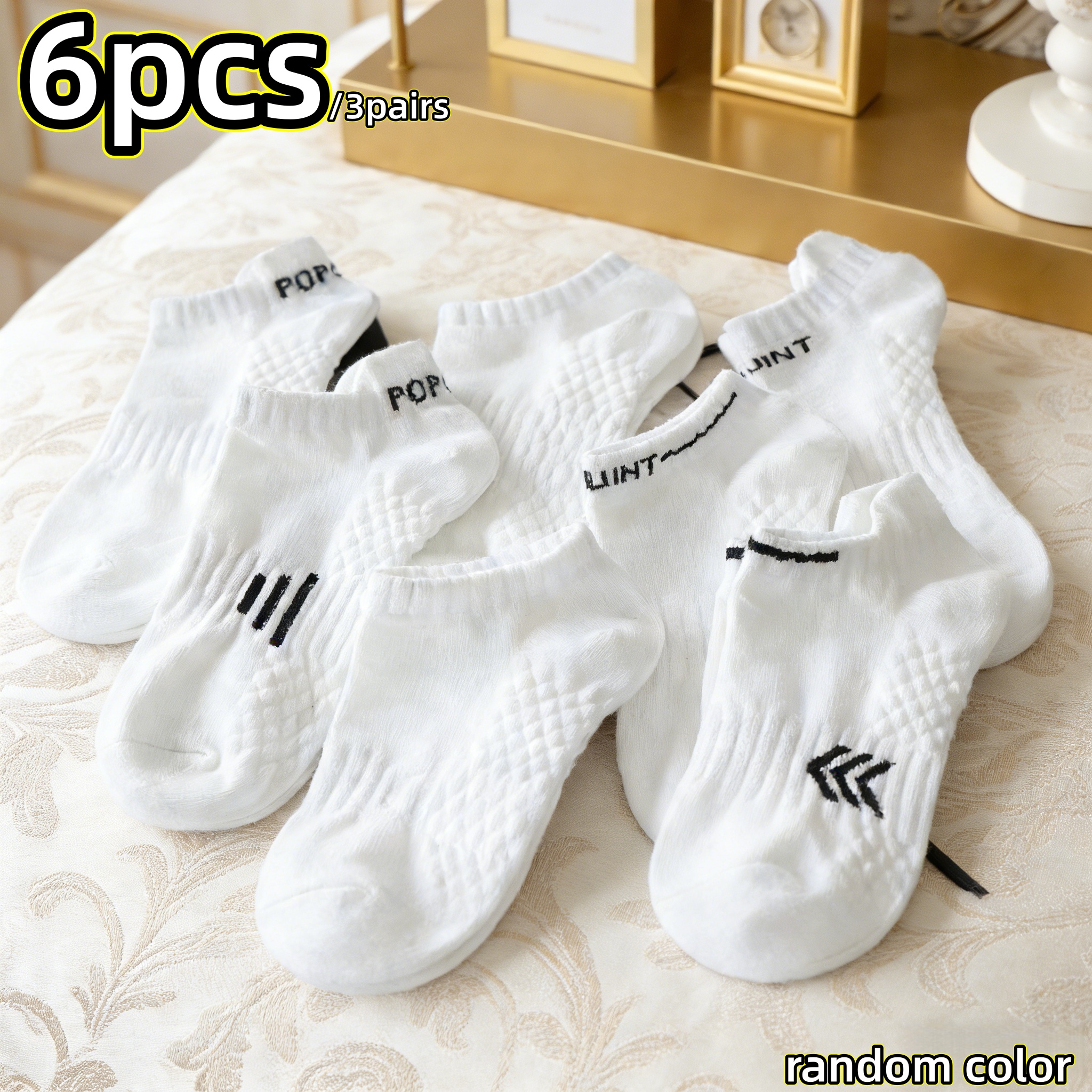 TEMU 6pcs (3 Pairs) White Elastic Sports Socks, Breathable Sweat-absorbing Casual Essential, Random Style, Comfortable And Breathable, Unisex Boat