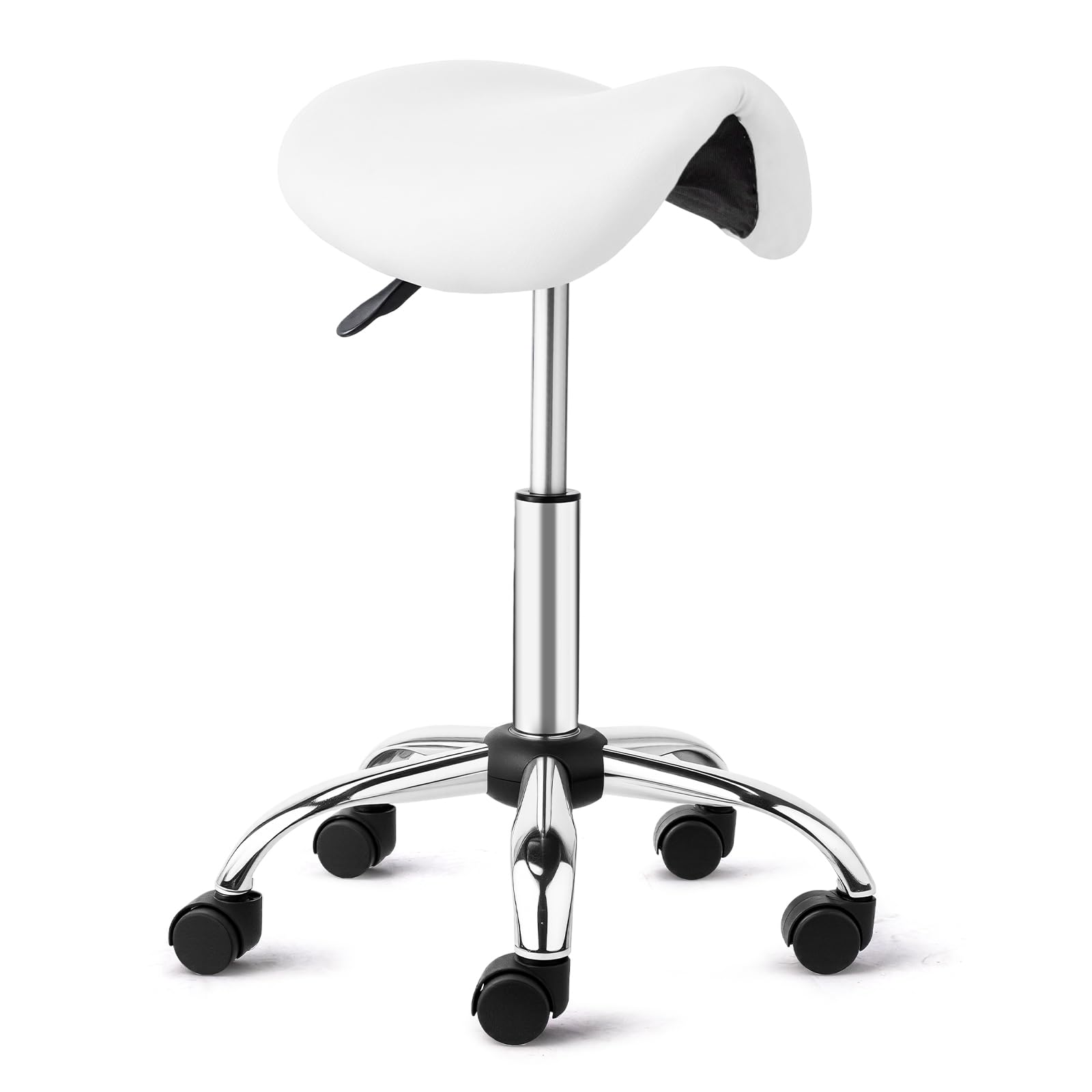 Image of Stool With 360° Casters, Height Adjustable Stool 48-63cm, Ergonomic Rolling Stool 150kg Load Capacity For Salon/office/bar, Semi-synthetic Leather, White