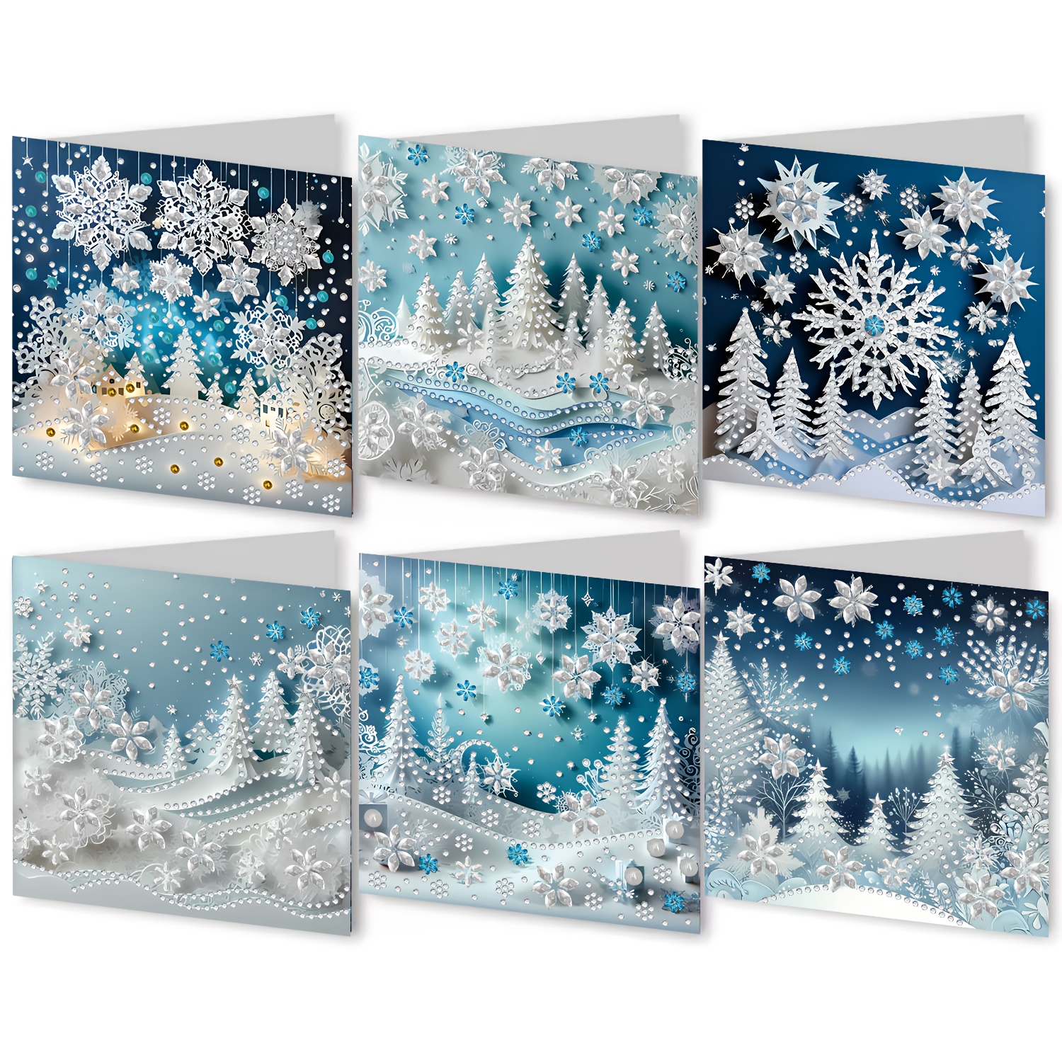 TEMU 6pcs Diy Diamond Painting Greeting Cards With Envelopes - Winter Snowflake & Sparkling Rhinestone/ Anime Design, Round Diamond Beads, Complete