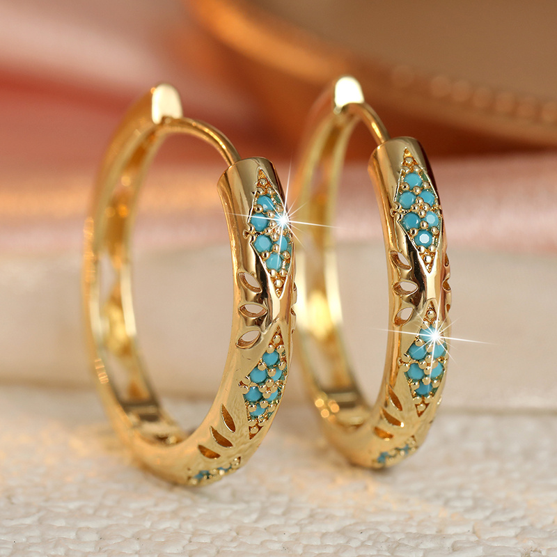 TEMU Boucles d'oreilles circulaires tendance pour femmes avec motif de feuille et incrustation turquoise synthétique bleue, parfaites pour les