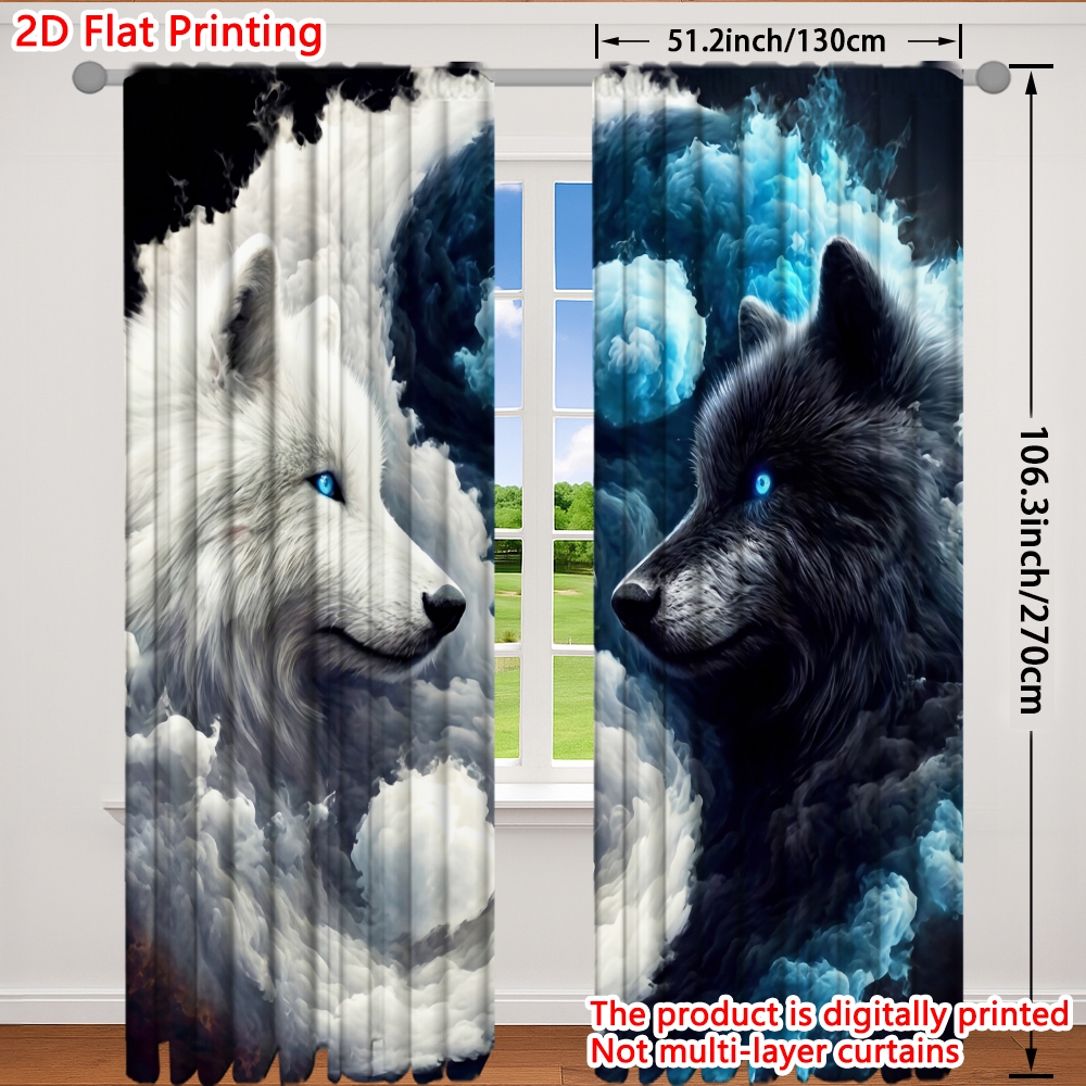 TEMU 2d Flat - 2d Flat - Set Of 2 Curtains Featuring A Mystical Yin Yang Wolves Design, Easy To Hang With Rod Pockets, Semi-blackout Polyester