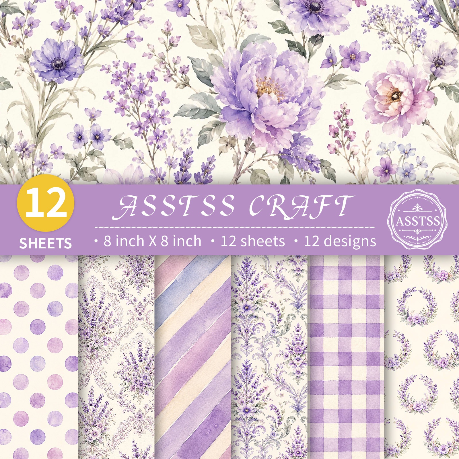 TEMU 12-sheet Asstss 8*8inch Scrapbooking Paper Pad, Lavender Floral Watercolor Flower Heart Style Backing Paper Supplies, Heavyweight Cardstock For