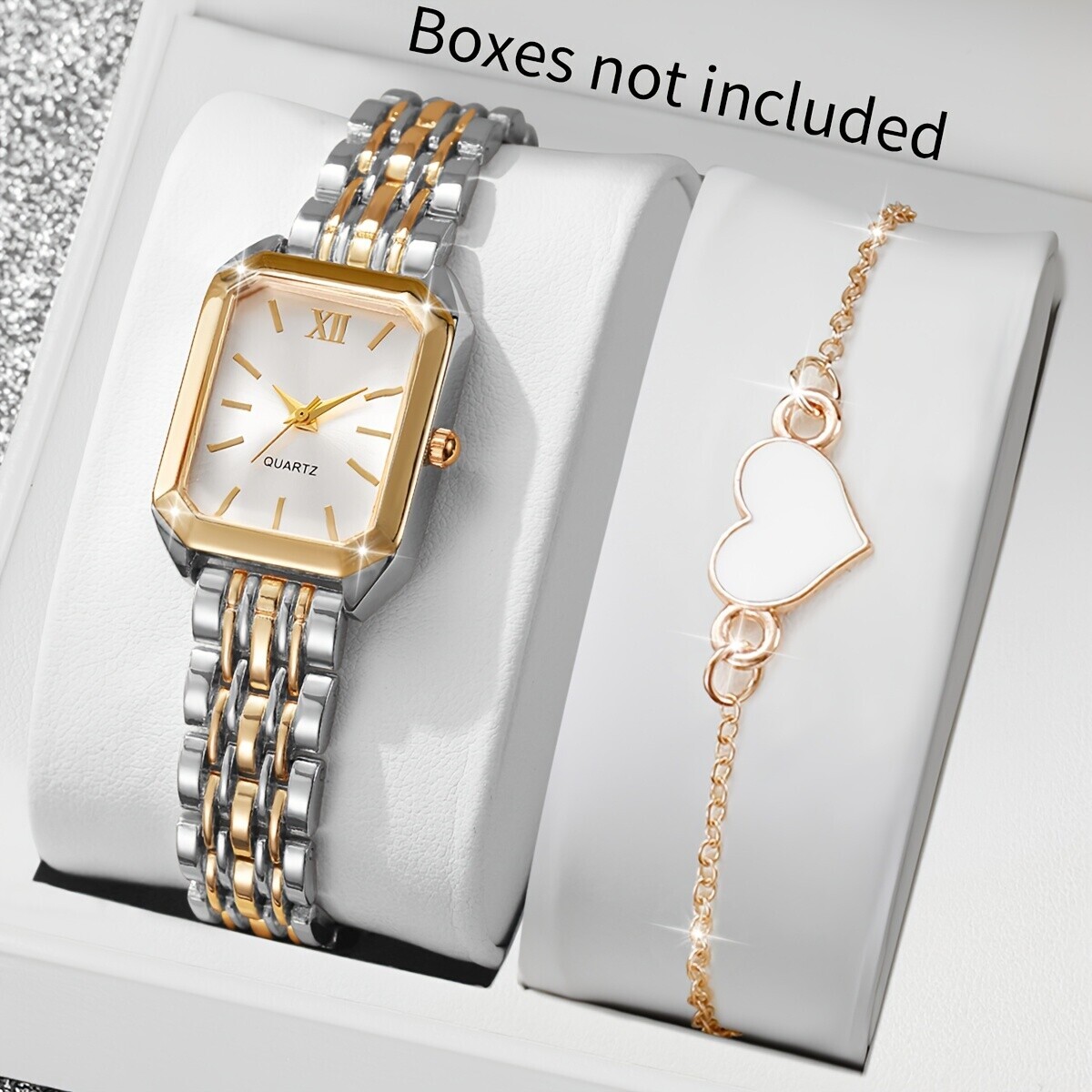 Ladies' Gift Watch: Classic Square Roman Numeral Dial Elegant Quartz Wristwatch + Heart Bracelet, 2pcs Set (watch Box…: retailer-supplied image