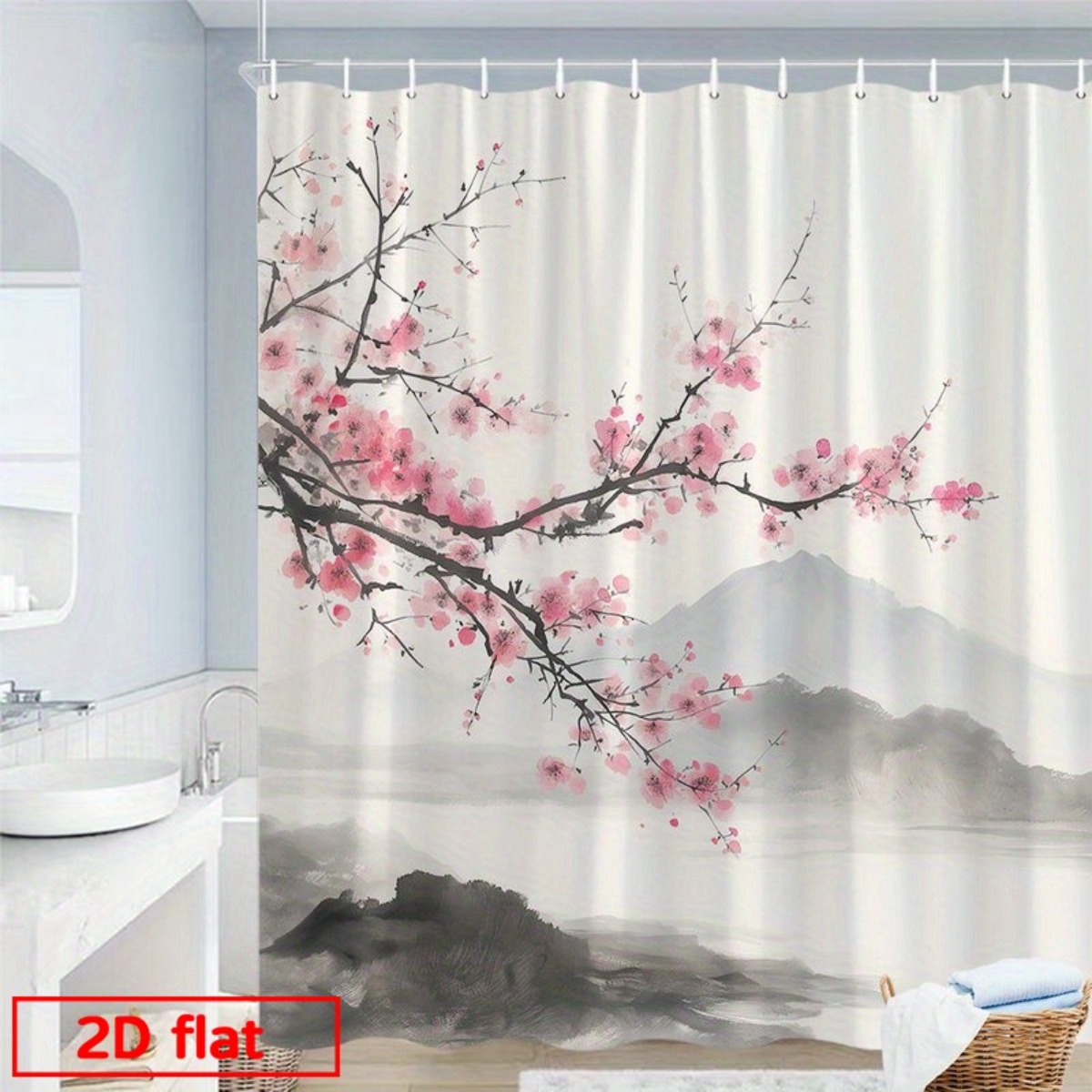TEMU 2d Flat, 1pc Shower Curtain Suitable For Bath, Traditional Ink Watercolor Pink Blossoms & Design, Machine Washable Fabric With Hooks, Bathroom