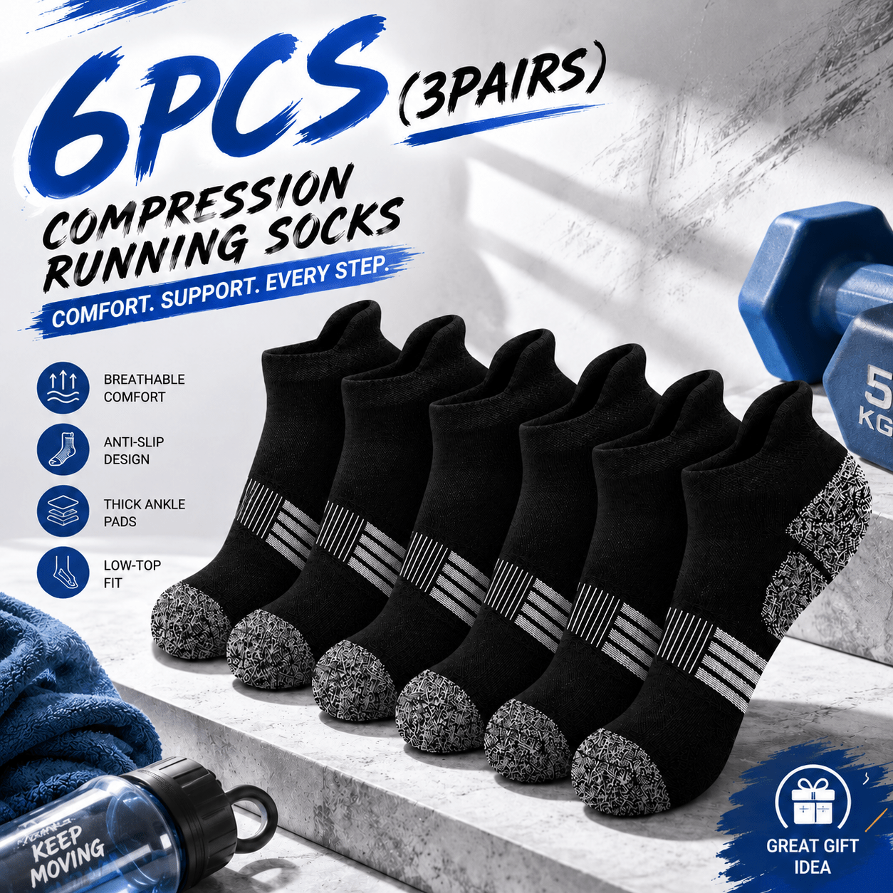 TEMU 6pcs (3 Pairs) Men Women Compression Socks For Running And Fitness, Breathable Lightweight Cushioned Ankle Support For Hiking Cycling Yoga And