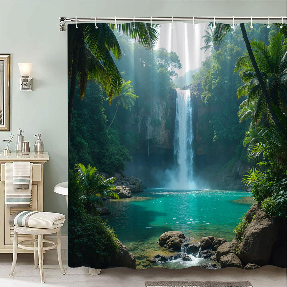 TEMU 1 stuk Majestueuze in Tropische Jungle Douchegordijn - Levendige Turquoise Pool & Weelderig Groen Ontwerp, Duurzaam Polyester Stof, 70x70 Inch