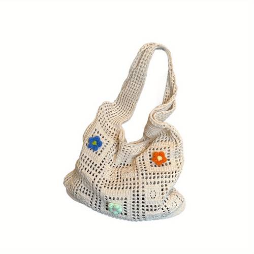 womens soft polyester knitted tote bag with 3d floral accents large white handbag for travel beach college daily use durable purse college essentials design sturdy handles carryall fashion accessory