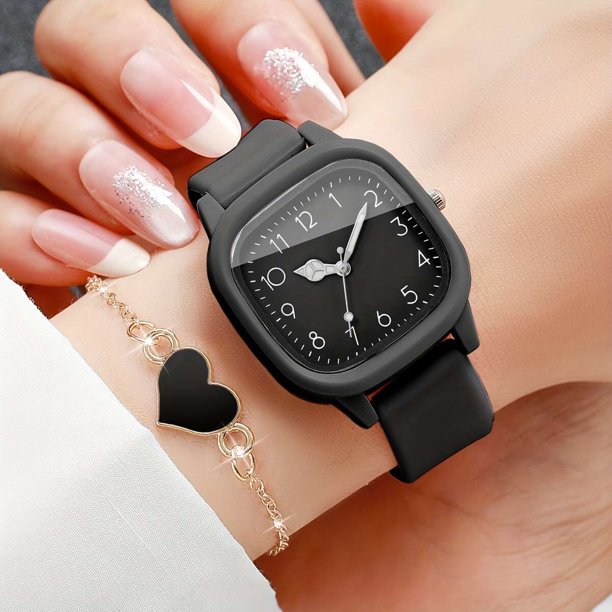 Ladies' Gift Watch, Elegant Casual Digital Scale Dial, Korean-Style Ins Vintage Quartz Wristwatch + Heart Bracelet, 2pcs/set, Watch Box Not Included