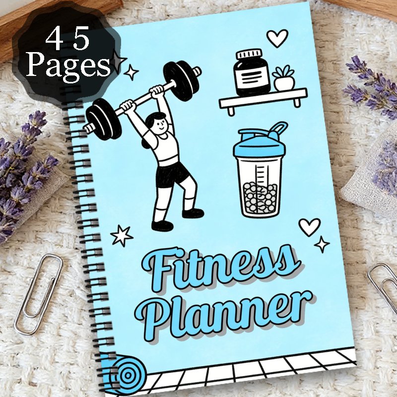 1pc Fitness Planner Spiral Notebook Journal | Diet and Fitness Exercise Health Log, Daily Exercise Planner for Women and Men, Compact Size, Fitness Themed Personal Organizer, Weight Loss Plan, Weight Lifting Shaker Bottle, Supplement Container