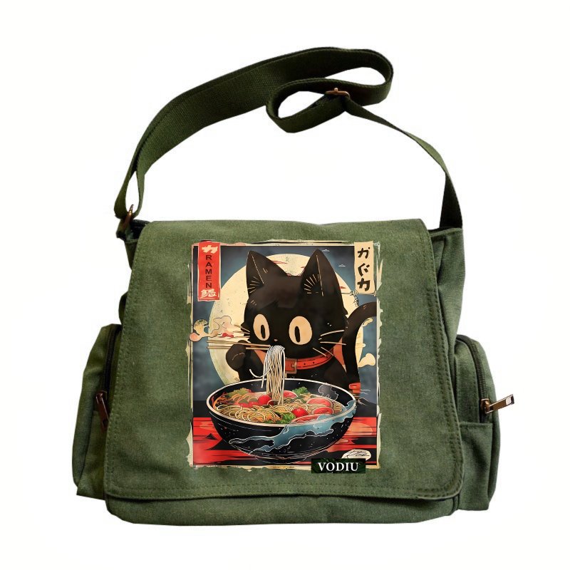 TEMU 【大容量】付き ビンテージ トート クロスボディ デザイン 黒猫ラーメン柄、浮世絵風テキスト入り ショルダーバッグ。通勤、旅行、通学に最適。