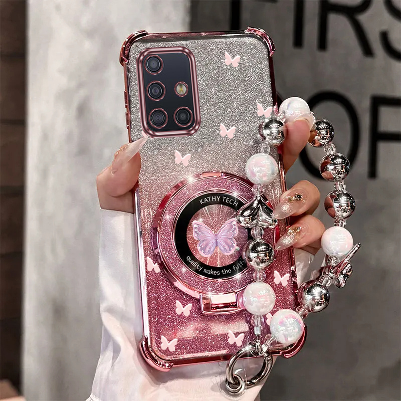 E-shop Handyhülle: Luxus Schmetterling Perlen Handgelenkband Magnetischer Glitzer Handyhalter Hülle für Galaxy A51 GalaxyA51 4G Stoßfest Schockfest